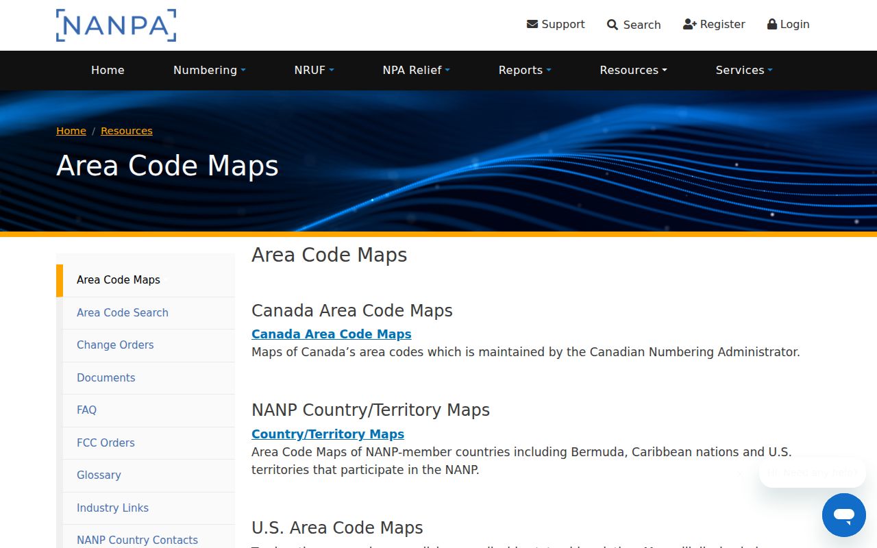 New York area codes reference on the NANPA area code map page