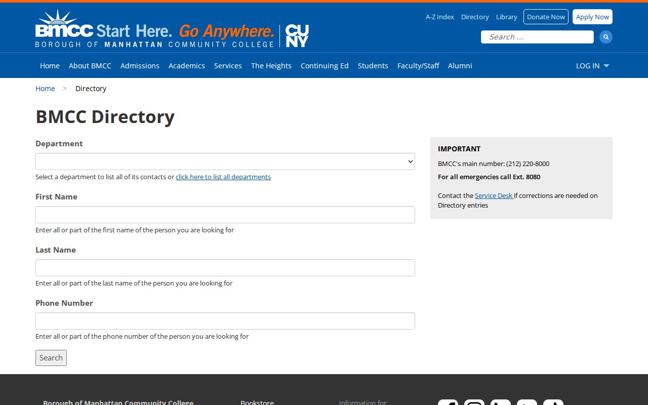 New York phone numbers listed by department in the BMCC campus directory
