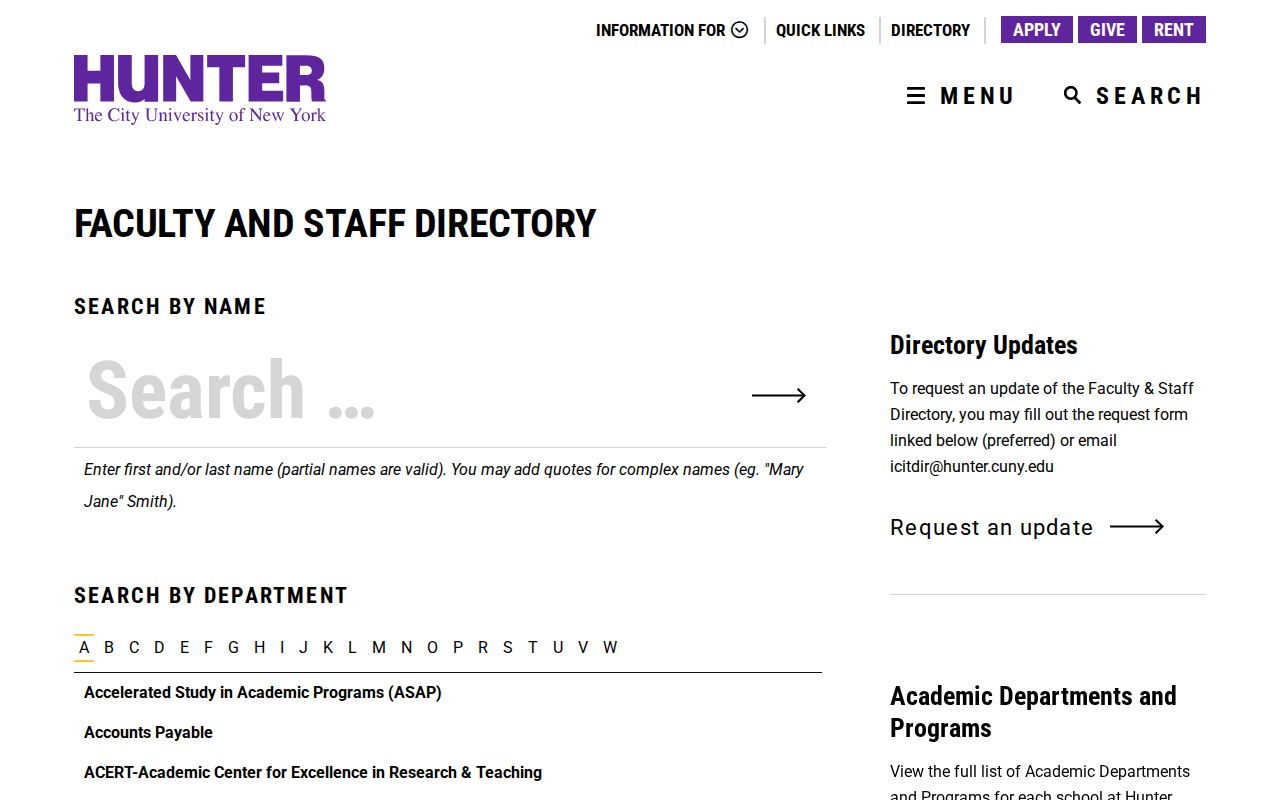 New York phone numbers search by name and department at Hunter College