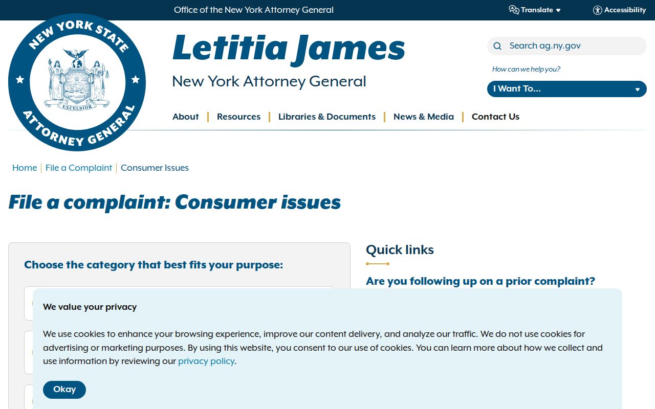 New York phone numbers and scam reports filed through the Attorney General consumer complaint form