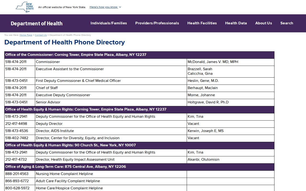 New York phone numbers listed in the state Department of Health directory