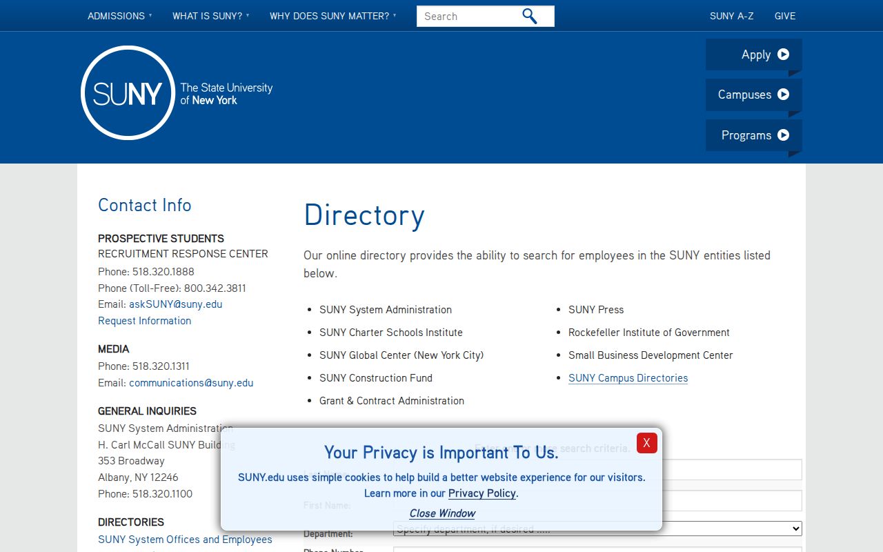 New York phone numbers search form in the SUNY employee directory