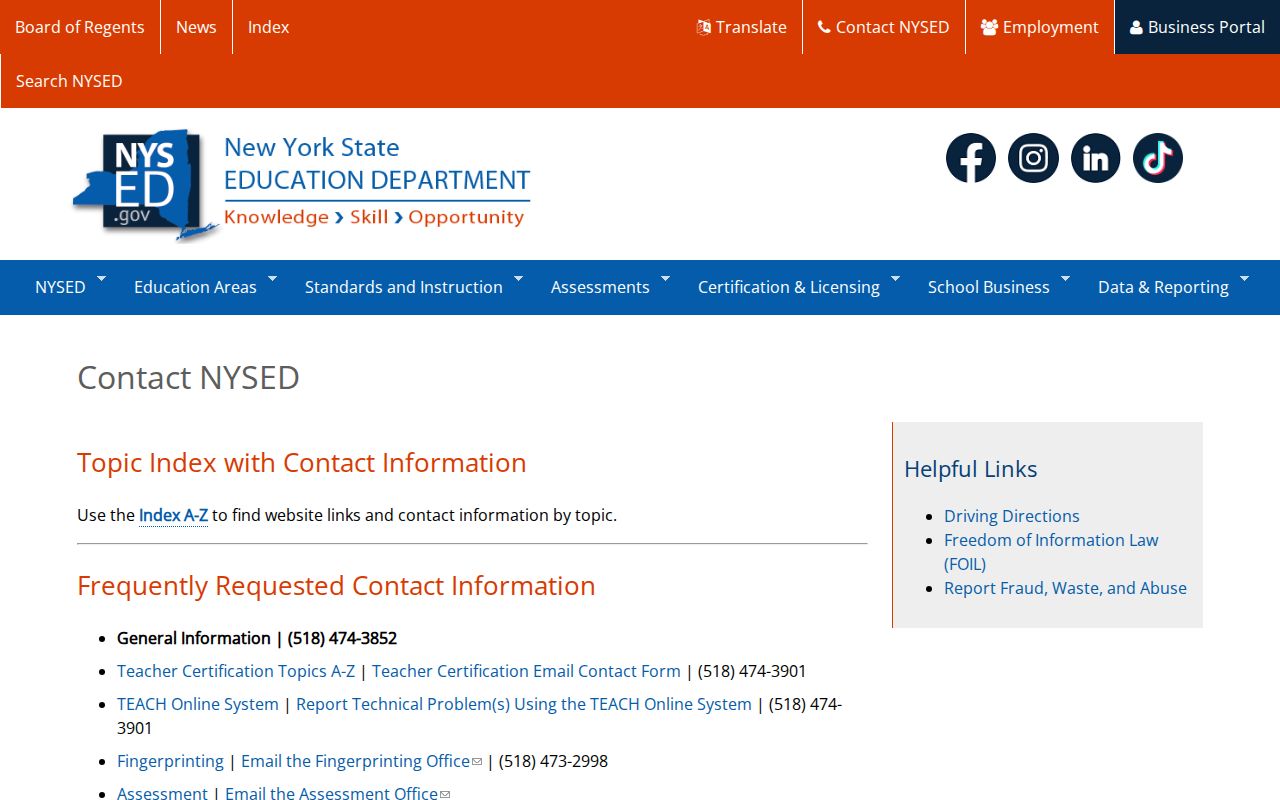 New York phone directory contact list for state education department offices