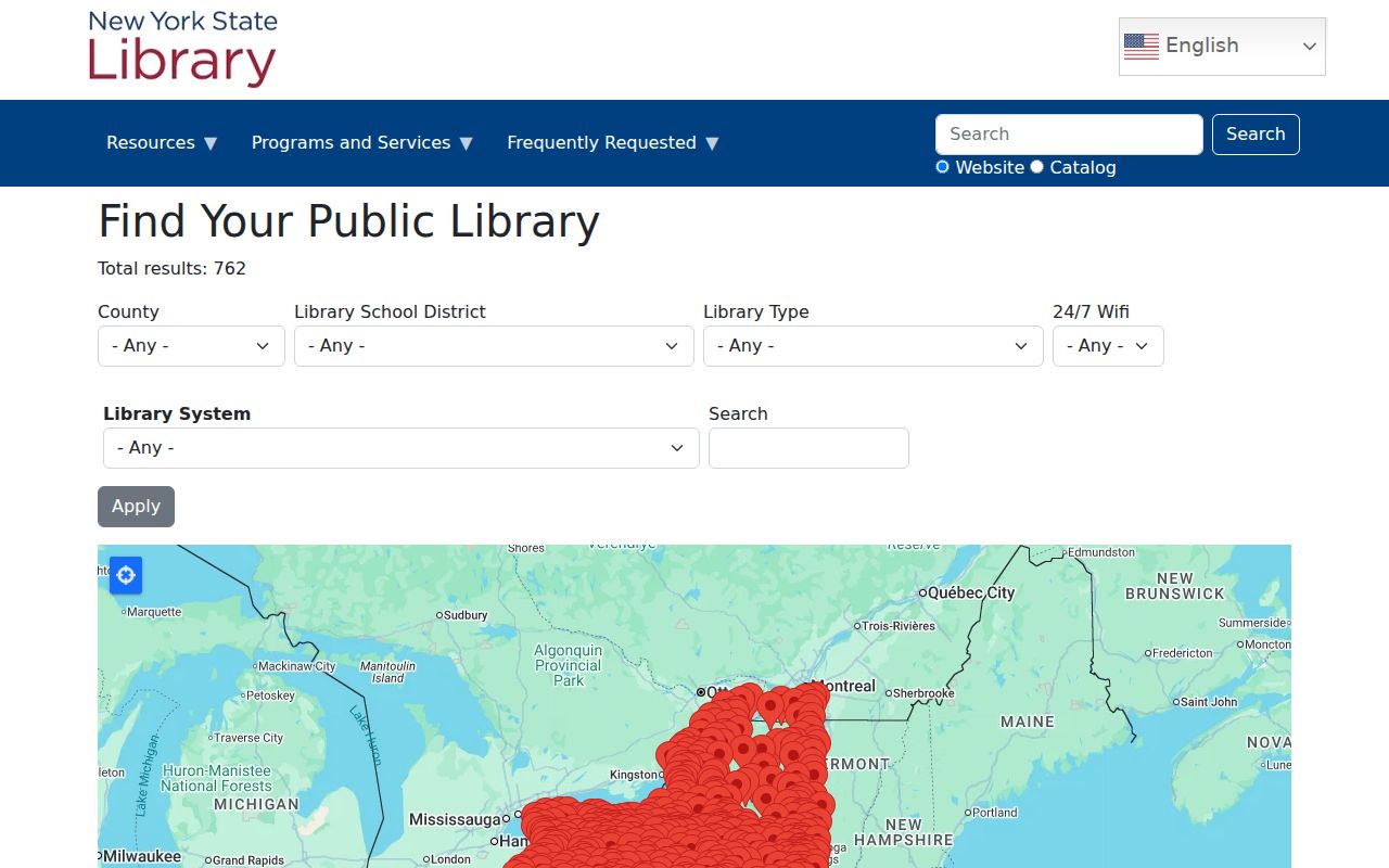 New York phone directory record of public libraries by county and system