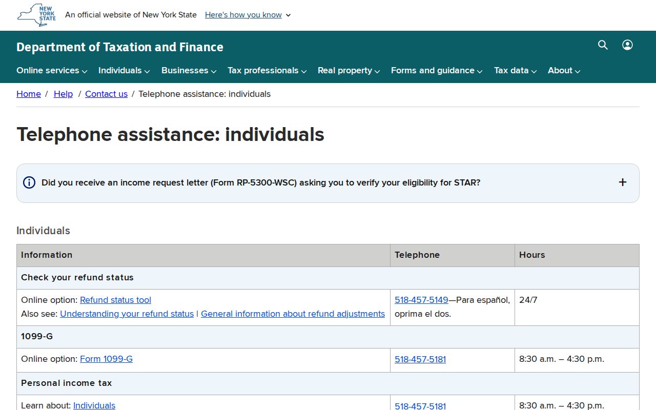 New York phone numbers for individual tax assistance by topic